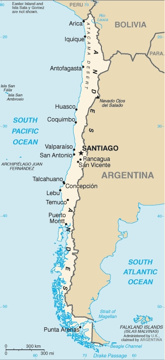 Mapa do Chile - CRDITO: http://www.indexmundi.com/chile/geographic_coordinates.html