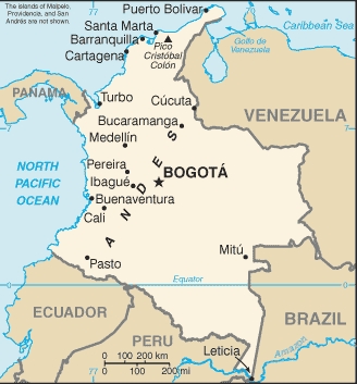 Mapa da Colmbia - CRDITO: http://www.indexmundi.com/colombia/geographic_coordinates.html