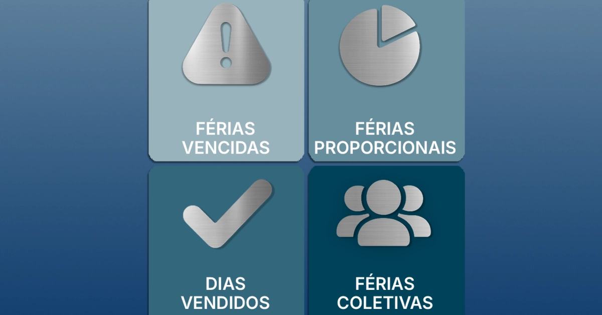 Grade de cartões para férias atrasadas, férias proporcionais, dias vendidos e férias coletivas. Quatro cartões pequenos com rótulos e ícones concisos; design neutro para pré-visualizar casos especiais.