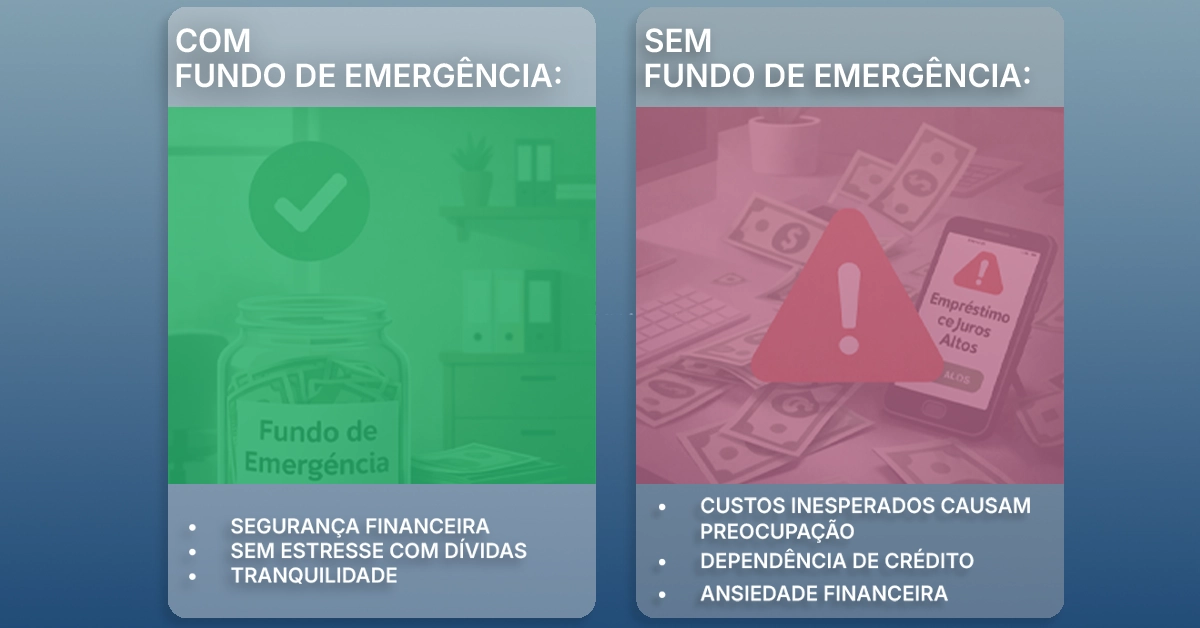 Comparação lado a lado de ter uma reserva de emergência versus não ter uma. Dois painéis claros com ícones simples e marcadores curtos; paleta neutra; sem marcas.
