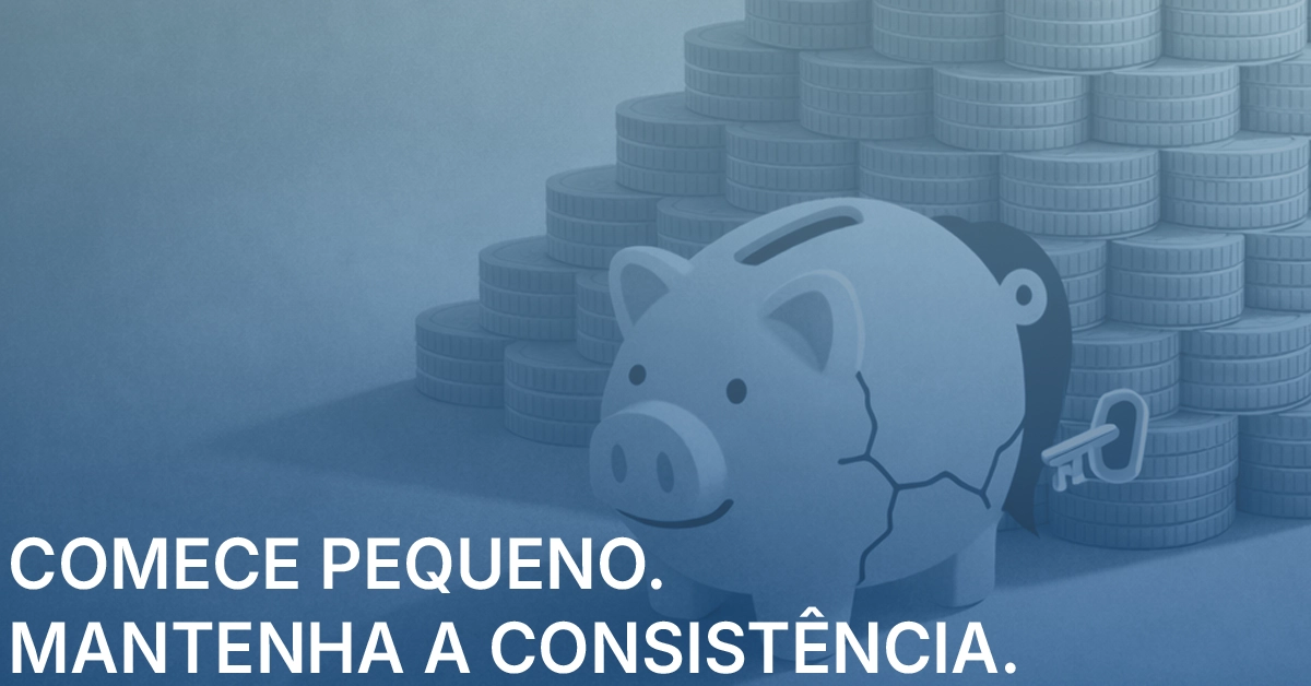 Uma pilha crescente de moedas e um pequeno cofrinho ilustram a importância de começar pequeno e a consistência. Ilustração amigável que enfatiza o hábito e a consistência; tons neutros e agnósticos.