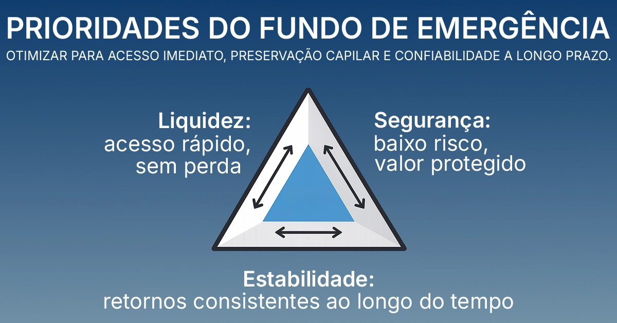Diagrama triangular mostrando liquidez, segurança e estabilidade para a alocação de fundos de emergência. Triângulo simples e rotulado ilustrando as prioridades para fundos de emergência; design neutro e limpo.