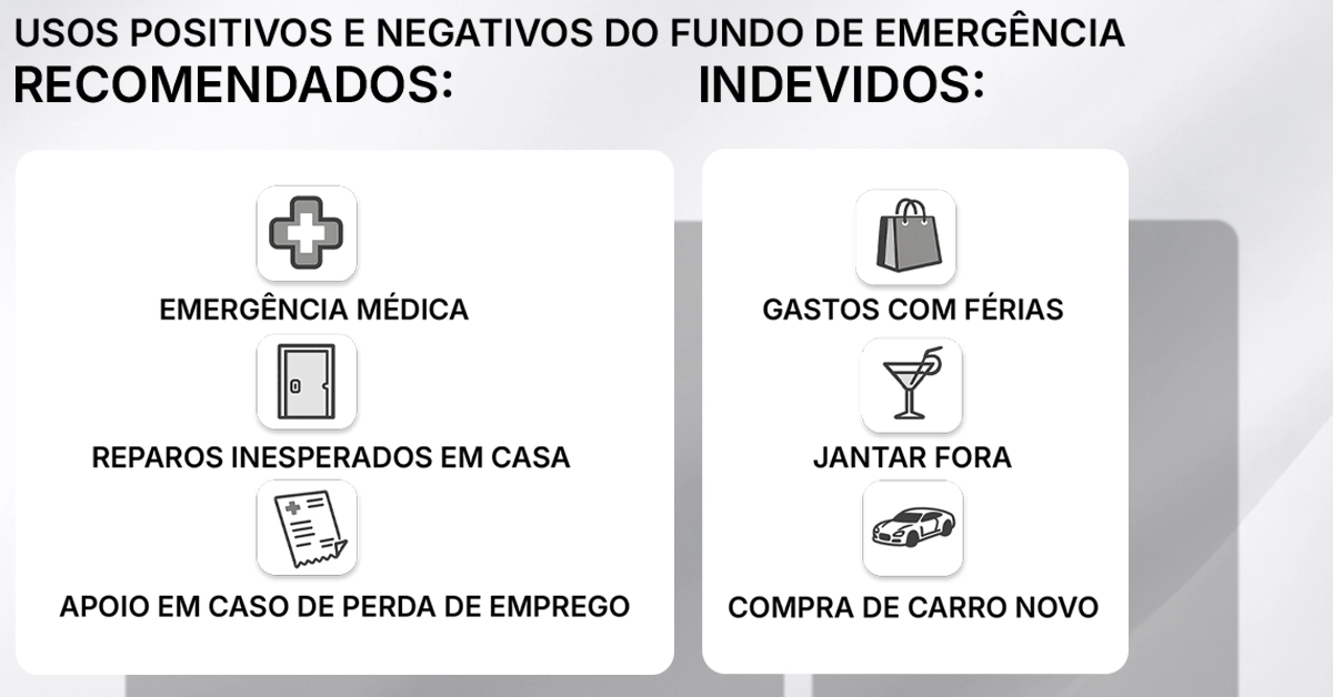 Ícones que ilustram os usos corretos e incorretos de um fundo de emergência. Linha de ícones em duas colunas com legendas concisas; estilo neutro; sem marcas.