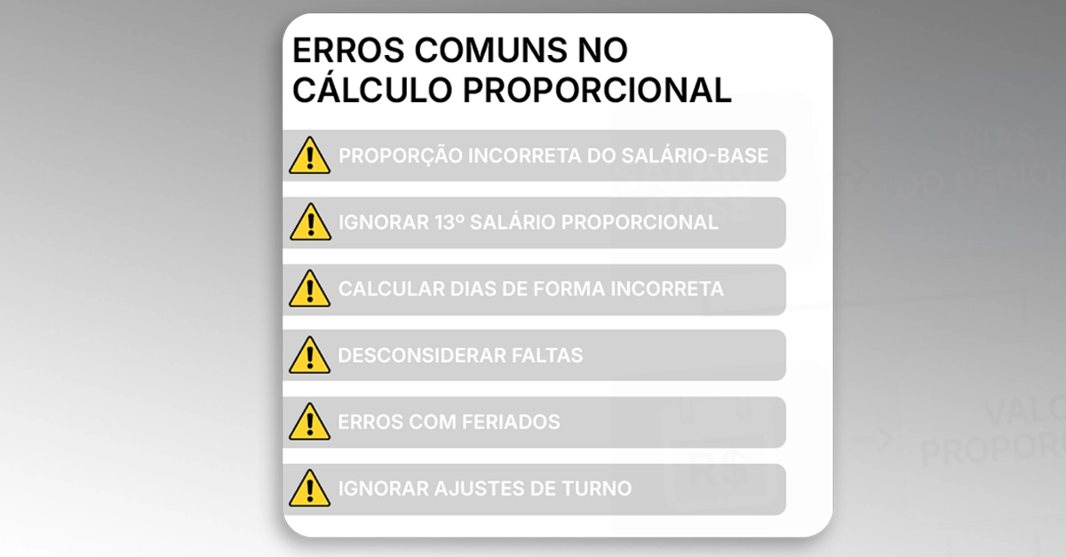 Lista de verificação com avisos destacando erros comuns no cálculo da remuneração proporcional. Lista simples com ícones de alerta para erros típicos; paleta neutra; agnóstica.