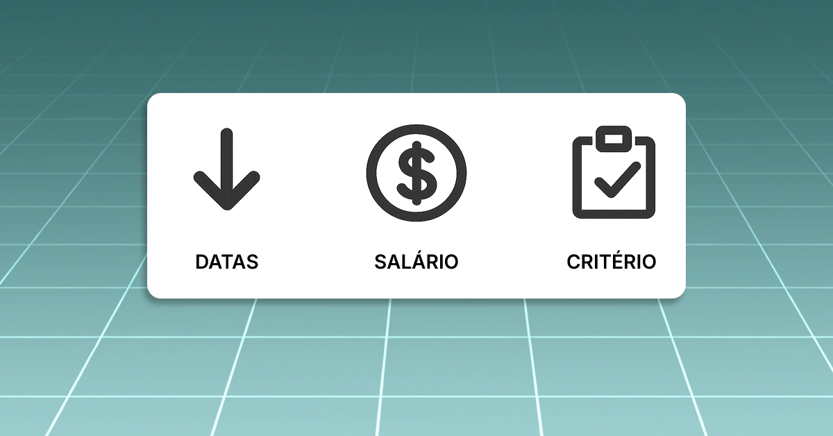 Faixa horizontal com três ícones simples representando “dados”, “salário” e “critério”. Pequenos pictogramas neutros para facilitar o início rápido; -free; mantém a caixa legível por scanner.