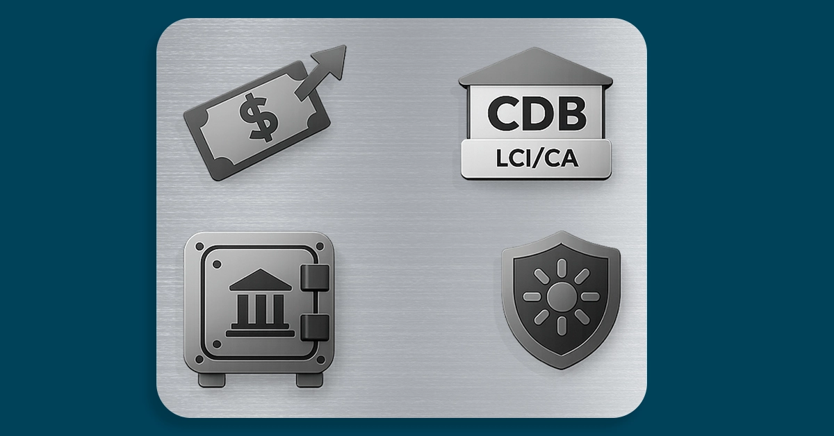 Ícones para títulos do governo e depósitos bancários representando produtos de renda fixa. Pequeno conjunto de ícones para Tesouro Direto, CDB, LCI/LCA; paleta neutra; livre de restrições editoriais.