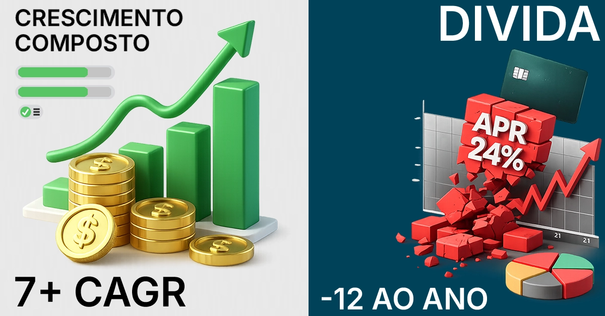 Ilustração de gangorra com investimento de um lado e empréstimo do outro para explicar juros. Metáfora conceitual mostrando os juros trabalhando a seu favor ou contra você; obra de arte neutra e livre de [texto ilegível].