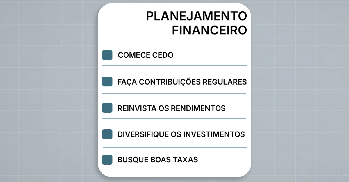 Quadro de verificação para começar cedo, contribuições regulares, reinvestimento, diversificação e busca de boas taxas. Lista de verificação simples com cinco marcas; design neutro e acessível; reforça os itens da tabela.