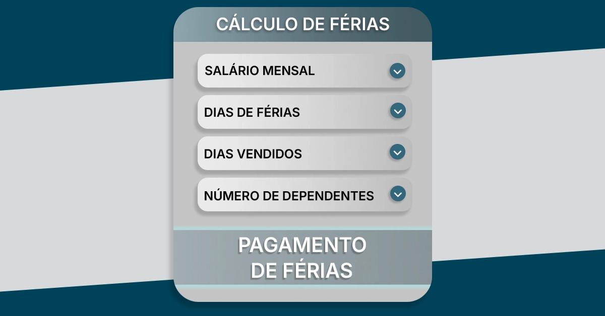 Interface simulada de uma calculadora de férias remuneradas com campos de entrada e uma caixa de resultados clara. Wireframe neutro mostrando campos para salário, dias de folga, dias vendidos, dependentes e um cartão de resultados; agnóstico em relação a arquiteturas.