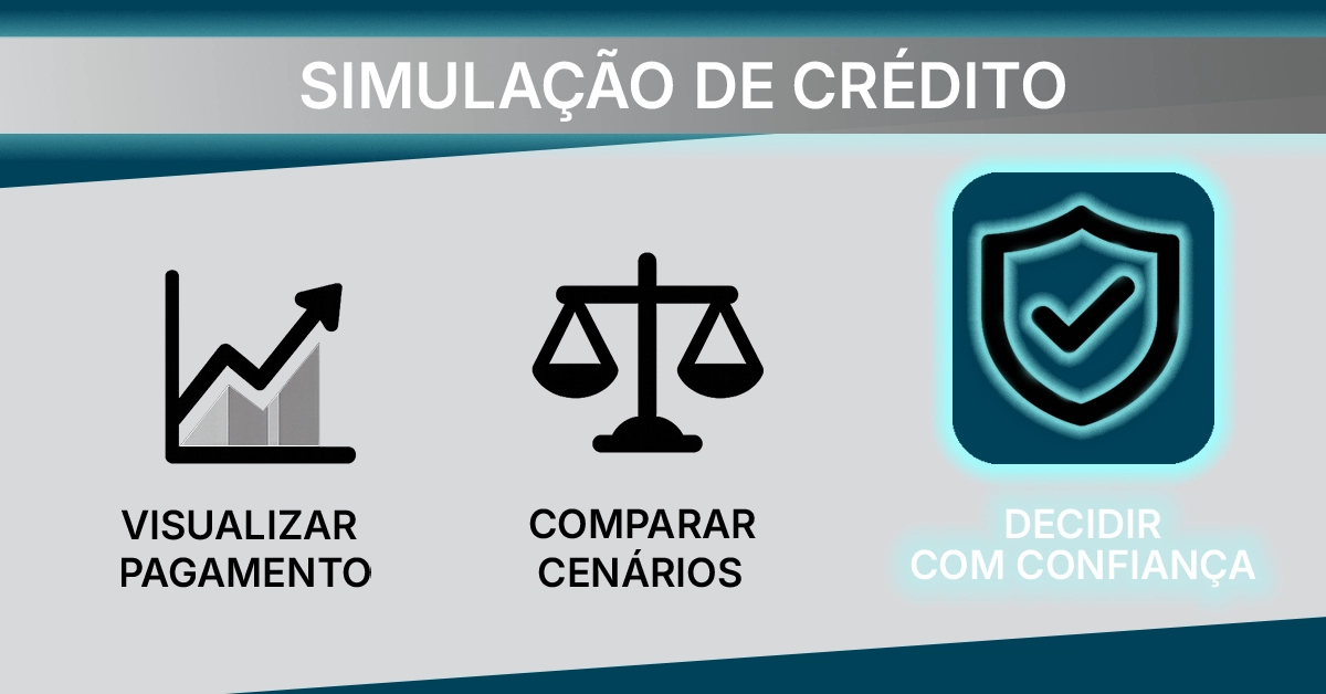 Três ícones minimalistas para visualizar pagamentos, comparar cenários e tomar decisões com confiança. Conjunto de ícones simples e consistente que apresenta os benefícios; cores neutras; agnóstico; acessível.