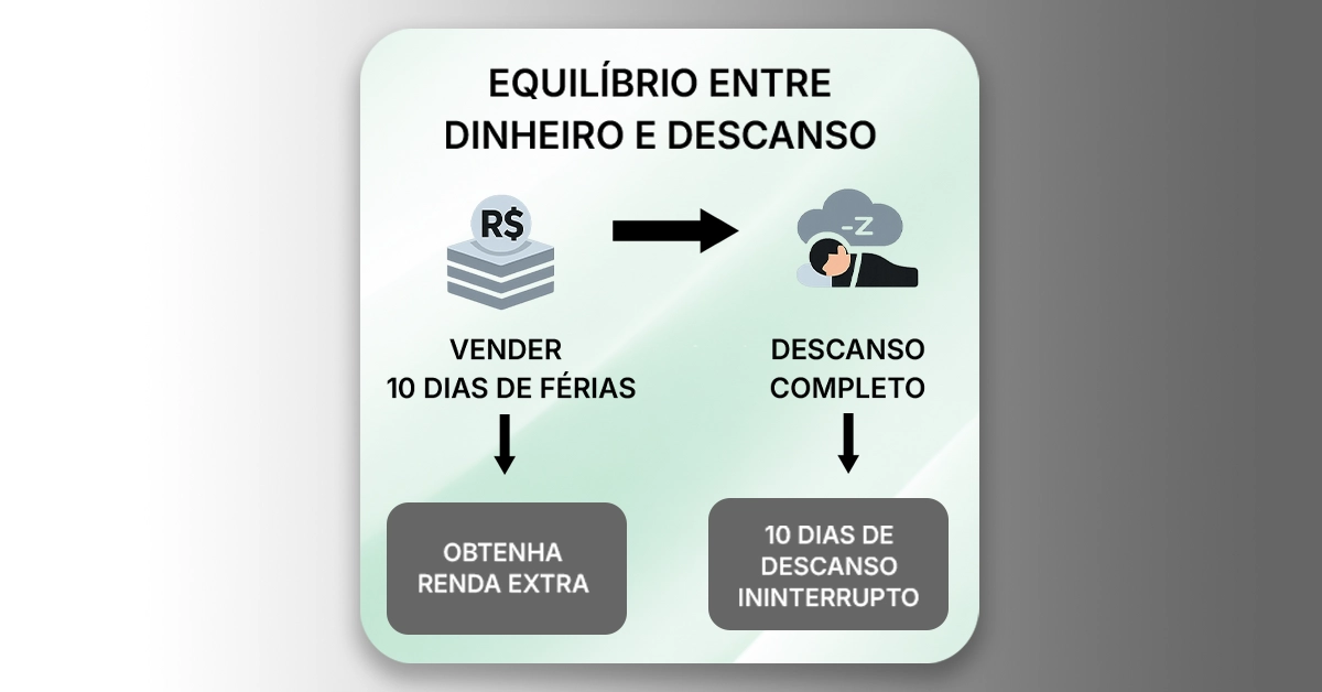 Fluxograma de decisão simples para avaliar a venda de 10 dias de férias versus o descanso integral. Comece com o objetivo, as filiais a serem vendidas ou não, mostrando a relação entre mais dinheiro e menos descanso; ícones neutros e claros.