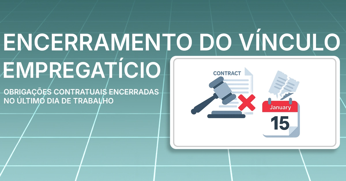Ilustração em formato de cartão explicando o fim de uma relação de trabalho com ícones de leis e calendários. Cartão resumo neutro reforçando o conceito de rescisão contratual; -gratuito.