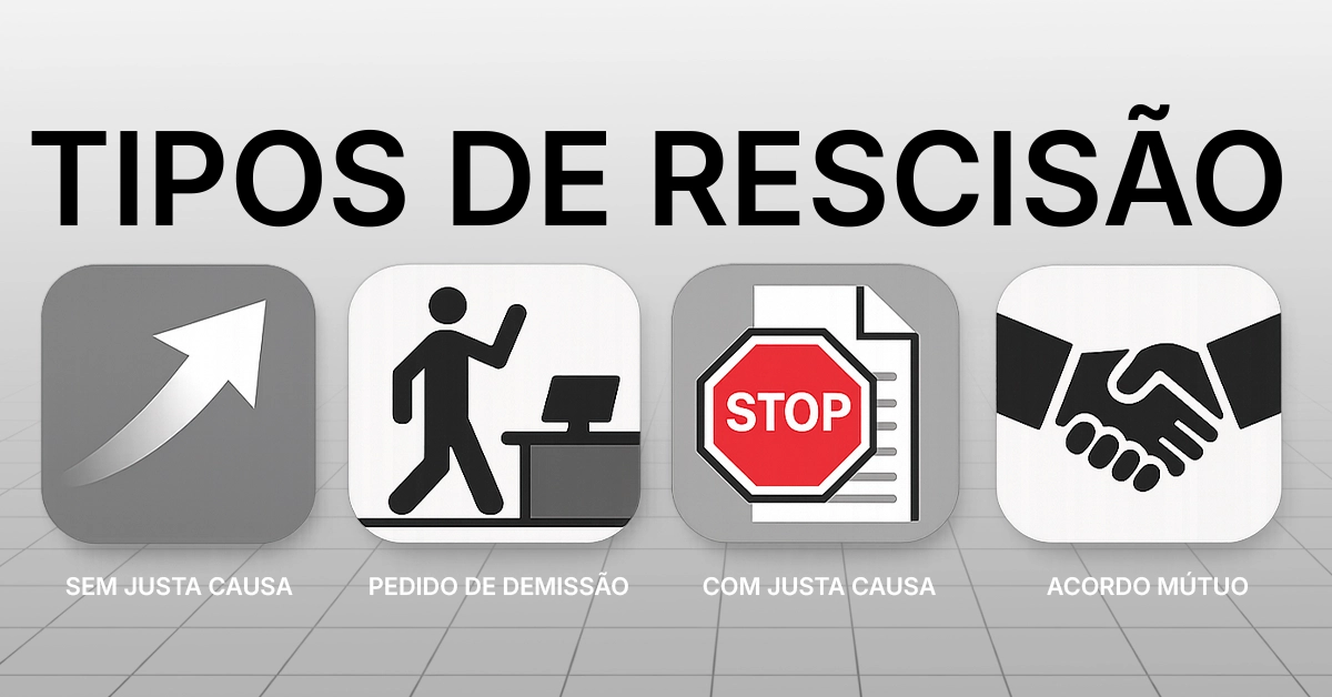 Quatro ícones minimalistas representando demissão sem justa causa, pedido de demissão, justa causa e acordo mútuo. Conjunto de ícones simples e consistente para visualizar as diferenças; paleta neutra; acessível; agnóstico.