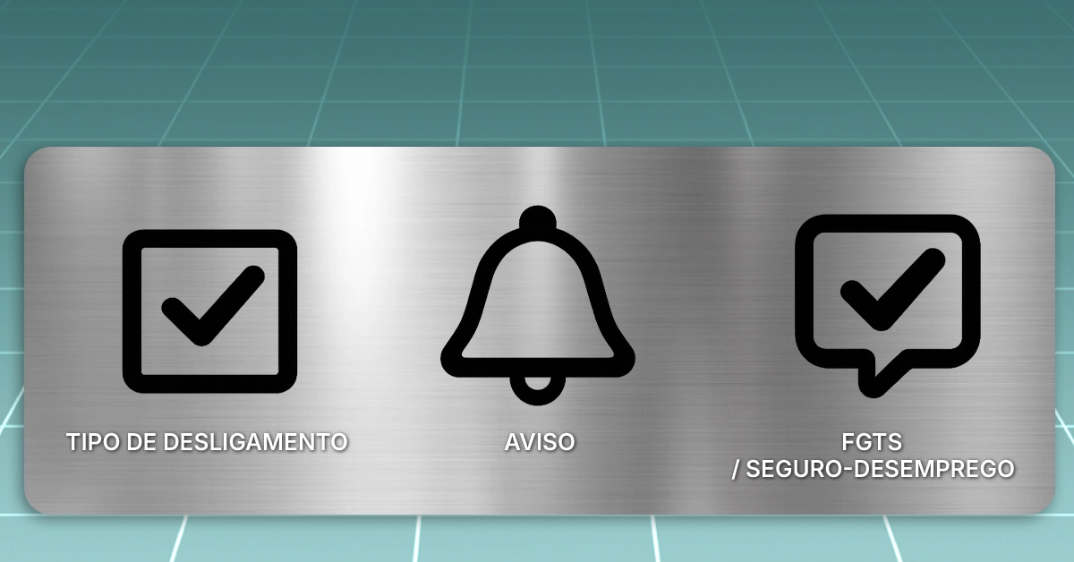 Faixa horizontal de três ícones de etapas simples para “tipo de desligamento”, “aviso”, “FGTS/seguro” Pictogramas minúsculos e neutros para manter a lista de verificação escaneável; -livre.