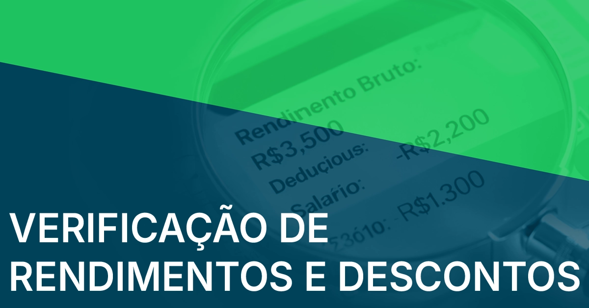 Cartão com lupa sobre contracheque neutro, mostrando rendimentos e deduções. Cartão neutro que reforça a verificação de médias, extras e deduções; -gratuito.