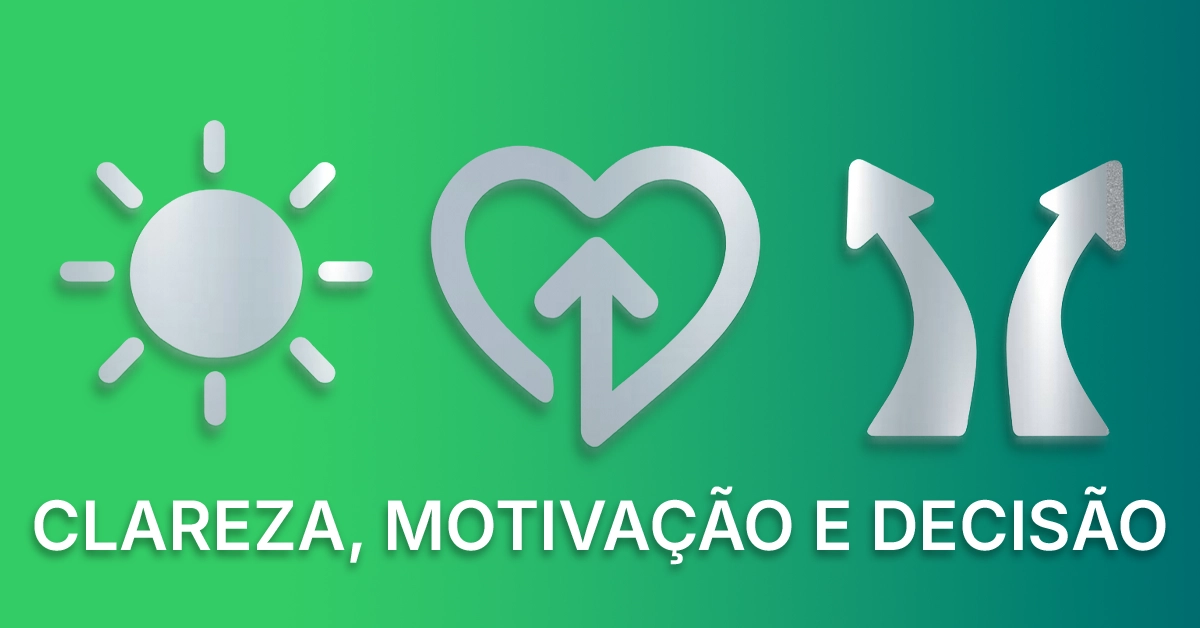 Três ícones minimalistas que representam clareza, motivação e tomada de decisão. Conjunto de ícones simples e consistente que apresenta os benefícios; cores neutras; agnóstico; acessível.