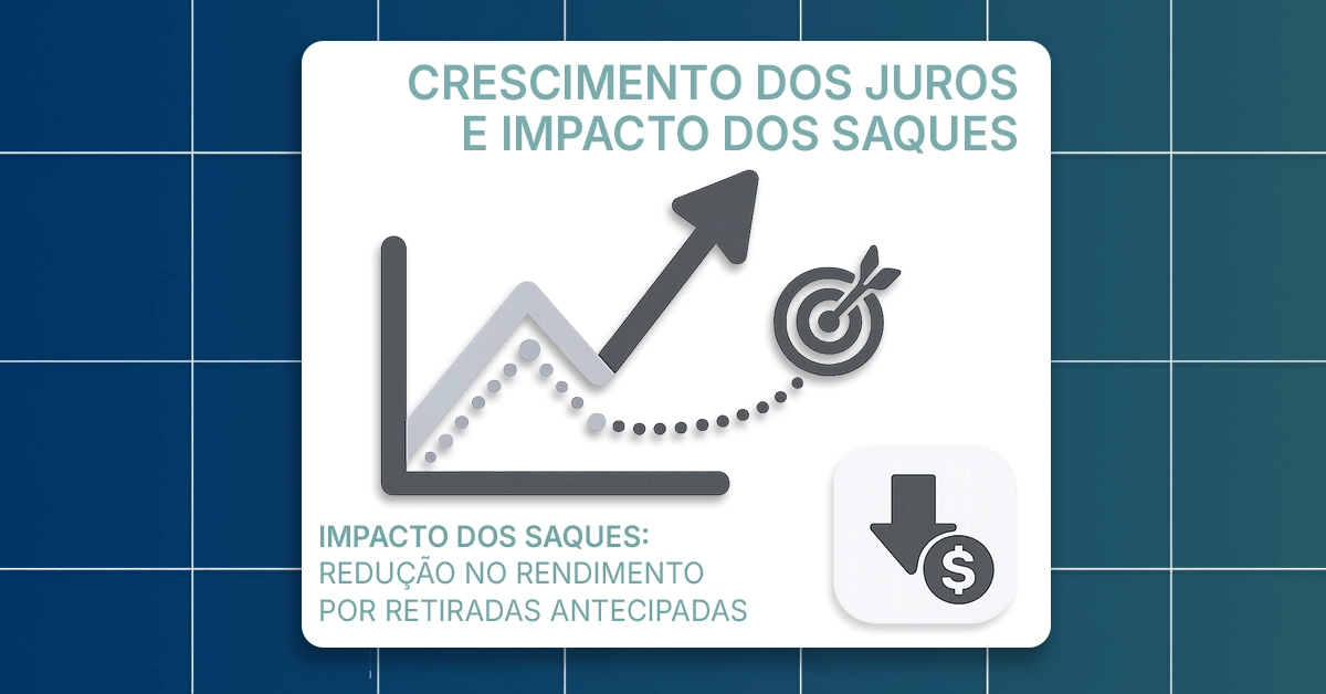 Legenda com ícones para crescimento de juros, meta a longo prazo e impacto de saques. Legenda com ícones pequenos que correspondem às dicas abaixo; estilo editorial neutro.