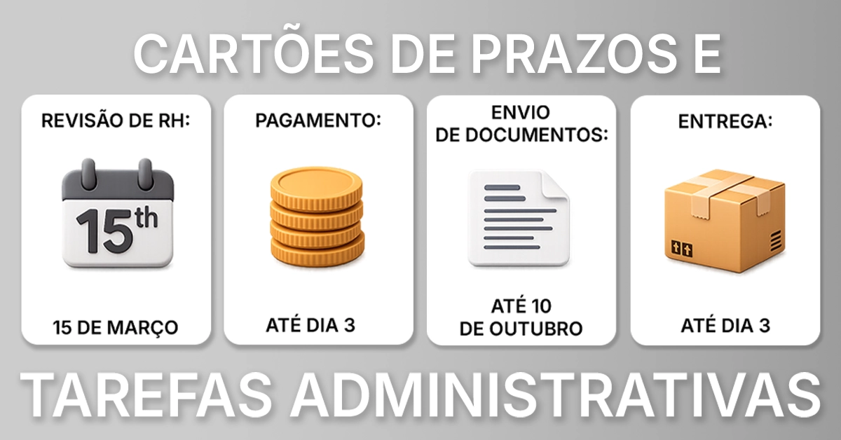 Grade de pequenos cartões representando prazos legais, pagamentos bancários, entregas, horários de RH e documentação. De quatro a seis cartões neutros apresentando cenários comuns; -gratuito.