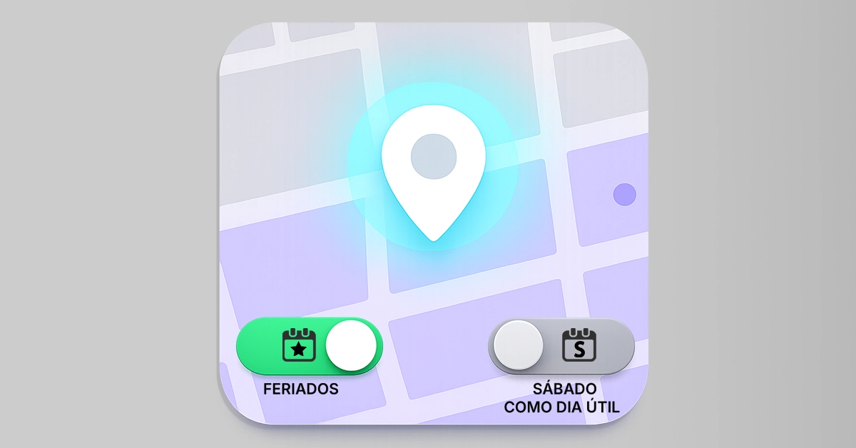 Marcador de mapa com opções para feriados e sábado como dia útil. Ilustração neutra mostrando a seleção de localização e interruptores para configurações de calendário; agnóstico.