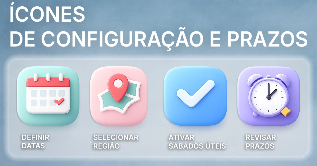 Faixa horizontal de ícones para definir datas, selecionar região, ativar/desativar sábados e revisar prazos. Ícones intuitivos que combinam com a lista de verificação rápida; agnósticos.