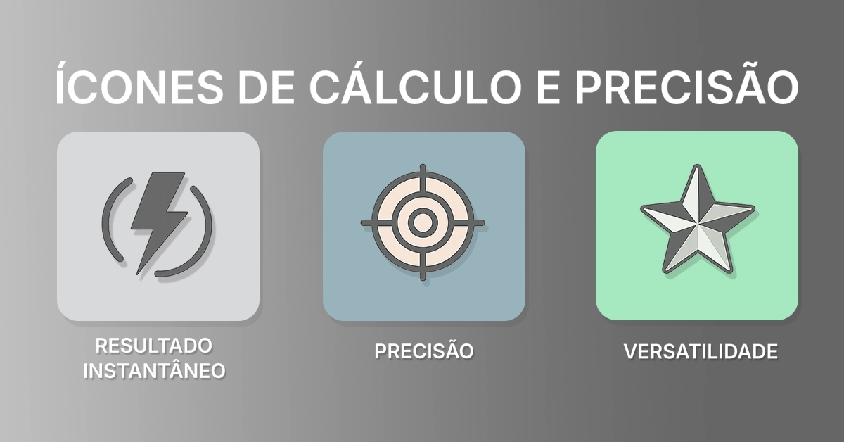 Três ícones minimalistas que representam resultado instantâneo, precisão e versatilidade. Conjunto de ícones simples e consistente que apresenta os benefícios; cores neutras; agnóstico; acessível.
