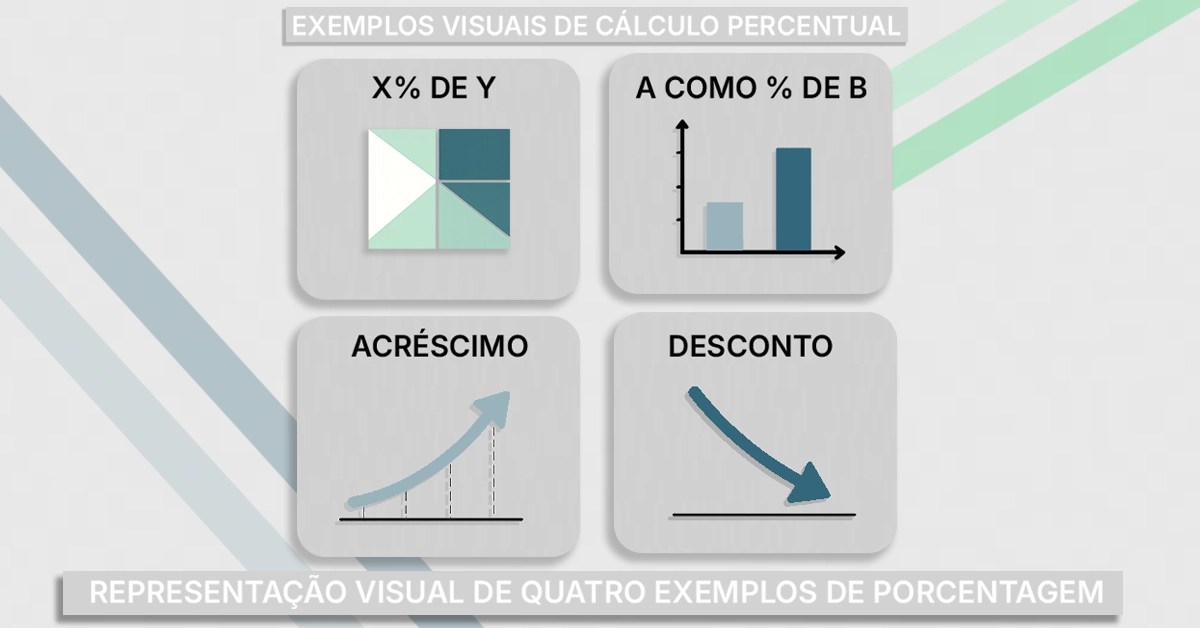 Quatro pequenos cartões mostrando exemplos práticos: X% de Y, A como % de B, a aumentar e desconto. Números claros e ilustrativos que correspondem aos quatro exemplos principais; paleta neutra; agnóstico.