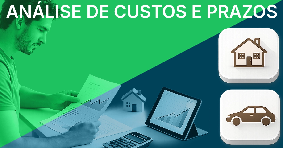 Pessoa analisando um plano de financiamento com uma calculadora, contrato neutro e pequenos ícones de casa e carro em uma mesa limpa. Cena editorial e acessível; -gratuita, sem dados pessoais; sugere sutilmente imóveis e veículos sem mostrar marcas.