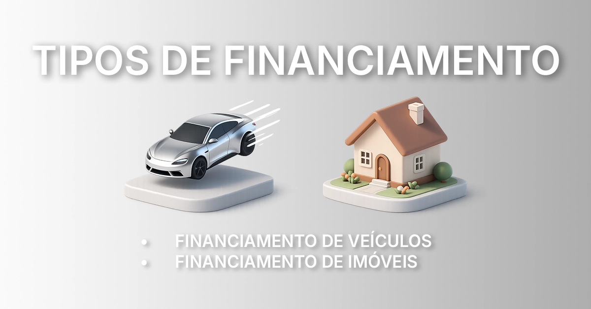 Ilustração dividida com ícones de carro e casa representando as diferenças no financiamento de veículos e imóveis. Visual neutro e minimalista para apresentar a comparação; estilo limpo e acessível.
