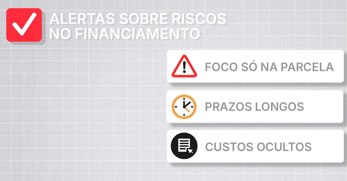 Lista de verificação de aviso destacando armadilhas comuns no financiamento, como foco só na parcela, prazos longos e custos ocultos Lista clara com ícones de alerta; neutro, -agnóstico; estilo editorial.