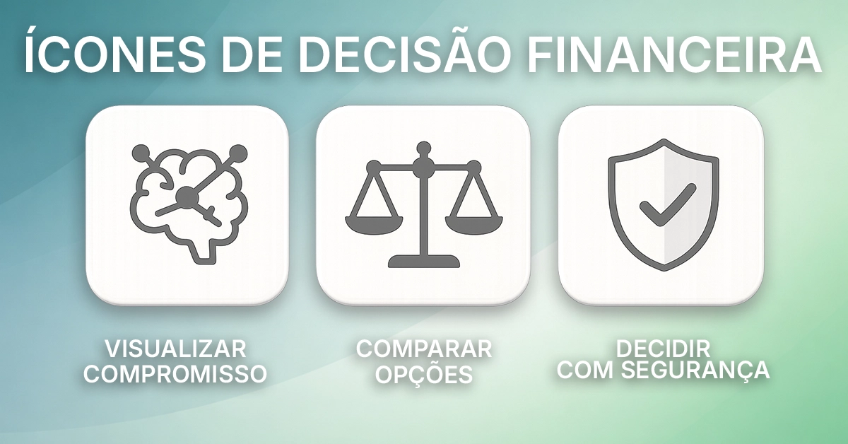 Três ícones minimalistas representando visualizar compromisso, comparar opções e decidir com segurança Conjunto de ícones consistente; cores neutras; acessível e sem marca.