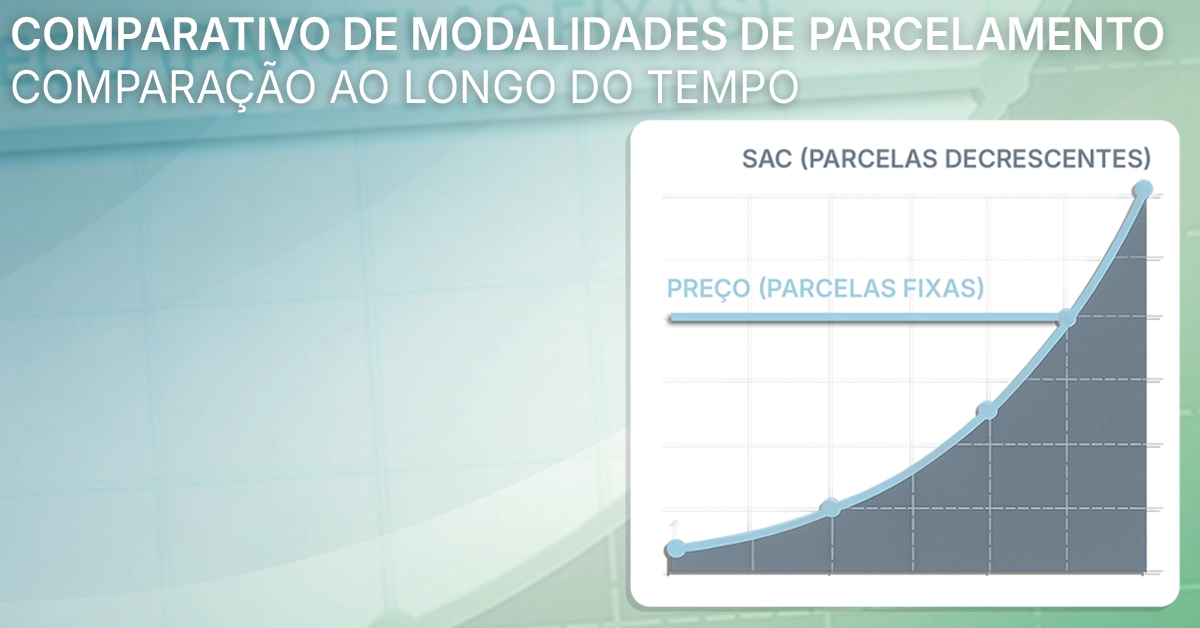 Diagrama comparando Price (parcelas constantes) e SAC (parcelas decrescentes) ao longo do tempo Gráfico/curvas simples e rotuladas; didático, neutro e sem marcas.