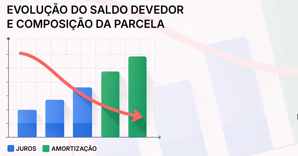 Gráfico simples mostrando evolução do saldo devedor e composição parcela juros vs amortização Visual didático, neutro; ajuda a interpretar a simulação.