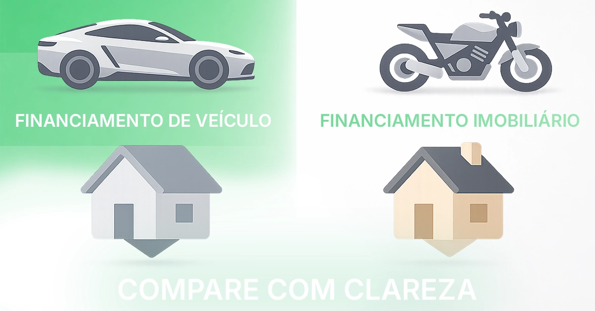 Ilustração dividida com ícones de carro/moto e casa para comparar tipos de financiamento Visual limpo, sem marcas; introduz a comparação.