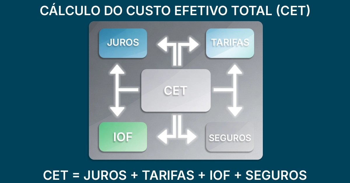 Diagrama mostrando CET composto por juros, tarifas, IOF e seguros Blocos rotulados convergindo em “CET”; didático e neutro, sem marcas.