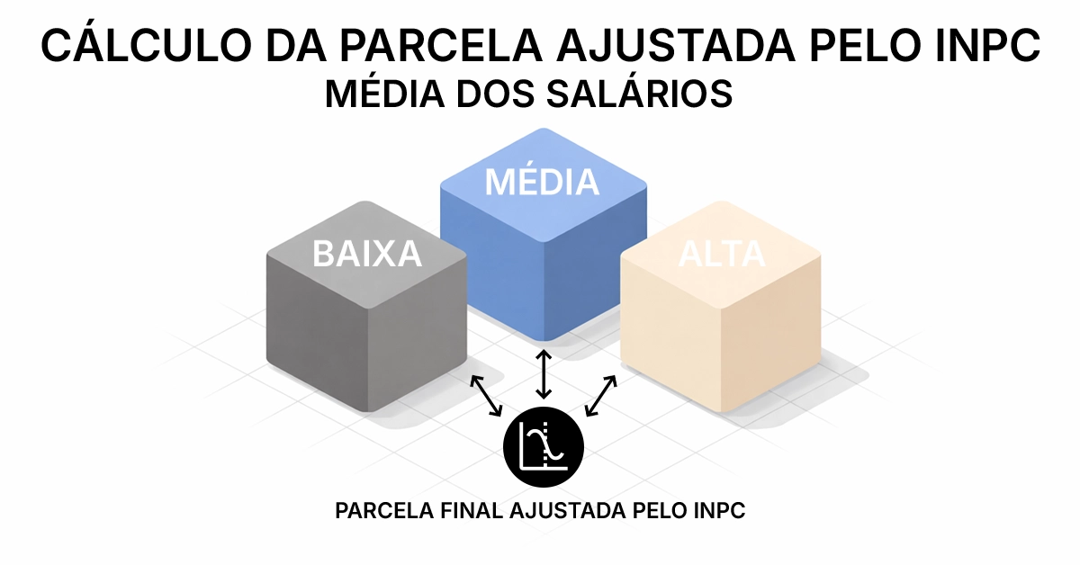 Diagrama mostrando média dos 3 salários, enquadramento por faixa e ajuste por INPC Blocos rotulados convergindo no valor da parcela; visual didático, neutro e sem marcas.