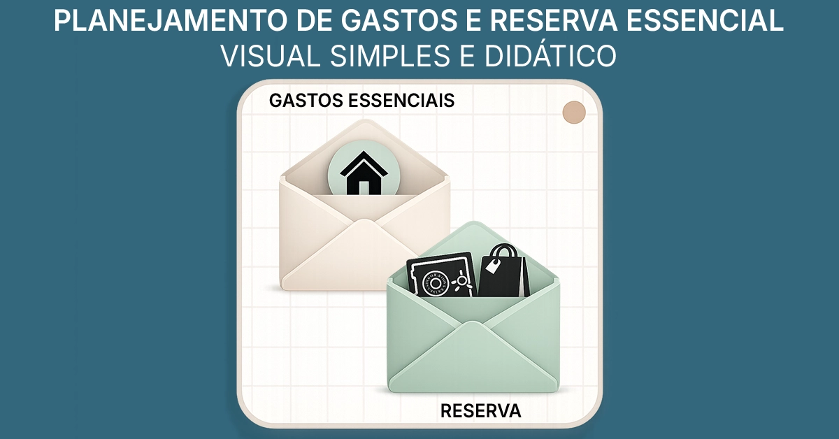 Ilustração simples de planejamento de orçamento com envelope de gastos essenciais e reserva Visual didático reforçando foco no essencial e reserva; neutro e sem marcas.