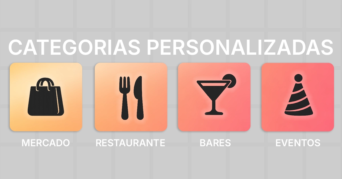 Ícones de categorias de gastos com etiquetas: mercado, restaurante, delivery, streaming, bares, eventos Visual de etiquetas ajuda a lembrar subcategorias e personalização.