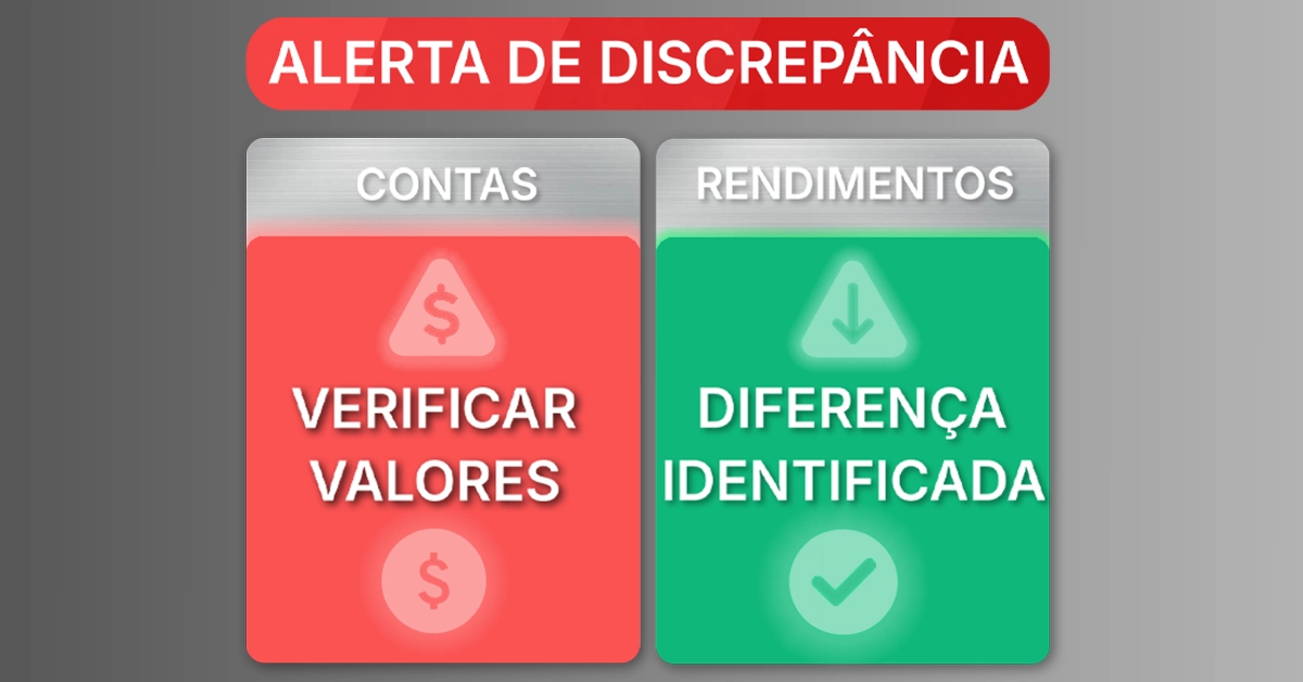 Check-list com contas e rendimentos destacando um descompasso de valores Ajuda a visualizar a etapa de diagnóstico e identificação do problema.