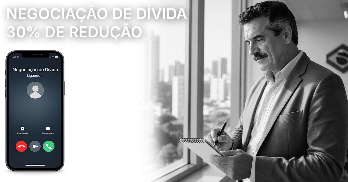 Pessoa ao telefone com anotações, negociando dívida com credor Comunica proatividade e uso de canais oficiais para negociar.