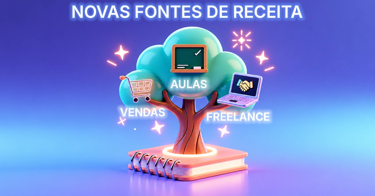 Grade com ícones de renda extra como vendas, aulas e freelas Dá ideias rápidas e visuais para novas fontes de receita.
