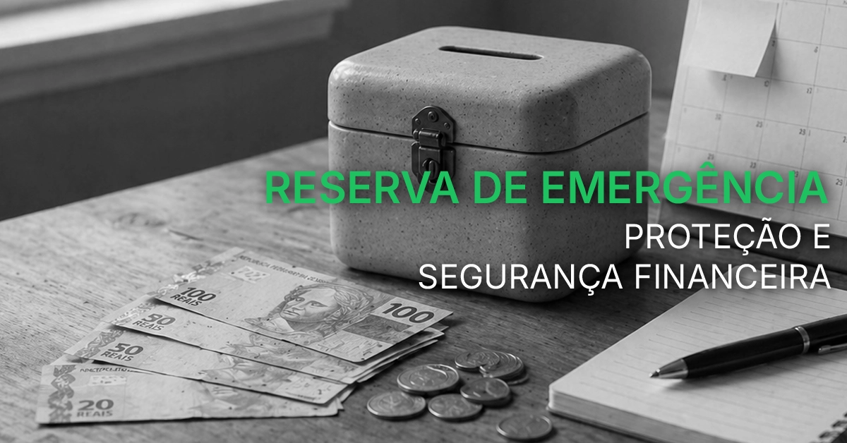 Cofrinho rotulado como reserva de emergência ao lado de calendário e notas Simboliza o colchão financeiro como proteção contra recaídas.