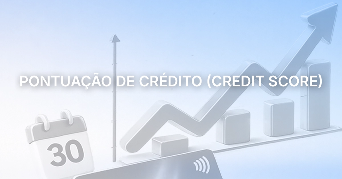 Gráfico de pontuação de crédito subindo ao lado de um cartão de crédito e contas pagas. Indicação visual de que a pontuação de crédito melhora com pagamentos em dia e finanças organizadas.