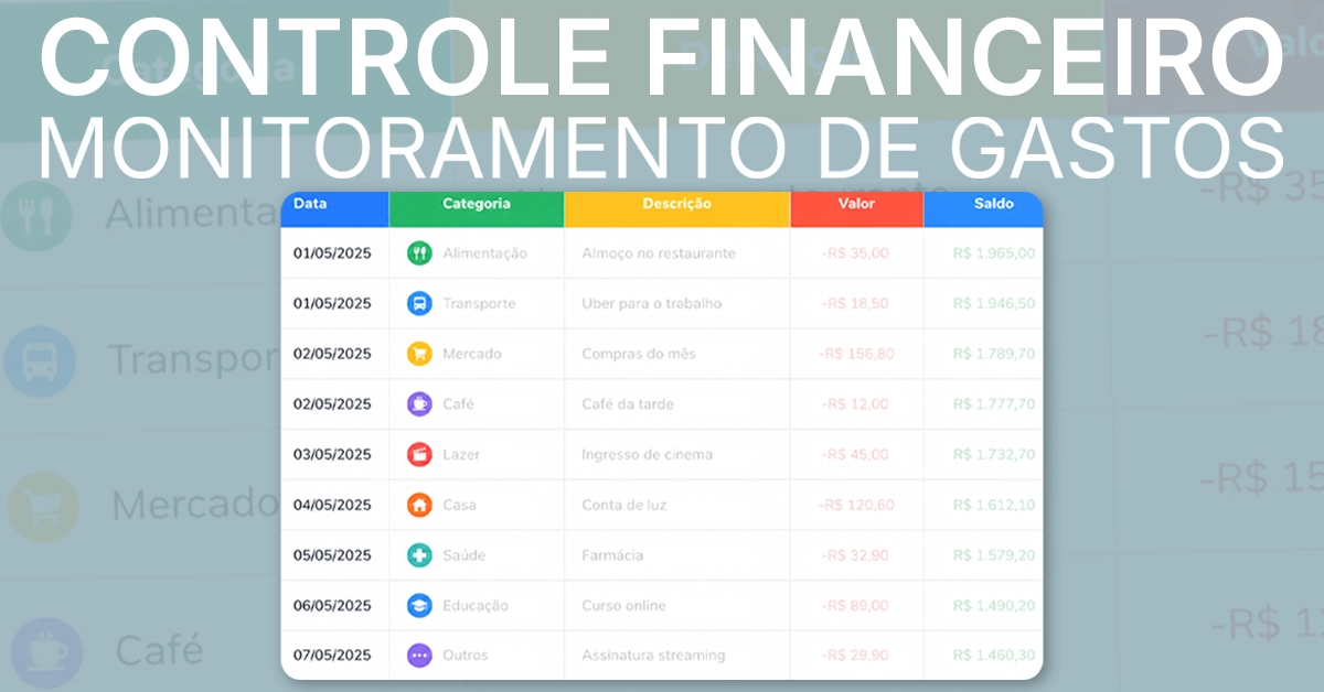 Planilha simples com colunas para data, categoria, descrição, valor e grupo, preenchida com exemplos de entradas. Reforça como uma ferramenta de rastreamento leve revela gastos e padrões evitáveis.