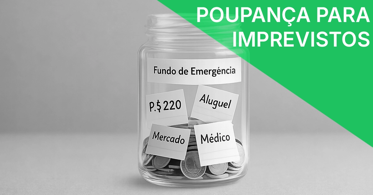 Pote de vidro etiquetado como "Fundo de Emergência" com pequenos depósitos e notas adesivas para metas mensais. Incentiva o início do fundo de emergência com pequenas contribuições regulares.