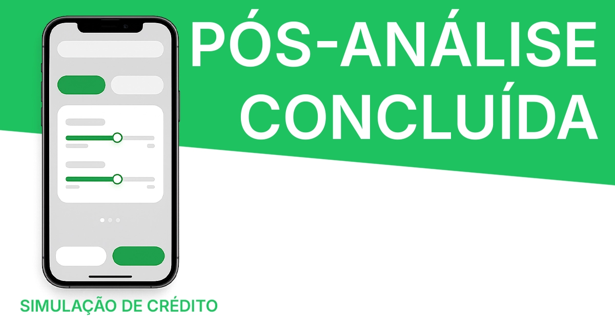 Telas de app mostrando simulação e pré-análise em minutos UI genérica com sliders de valor/prazo; mensagem “pré-análise concluída”. Sem marcas.