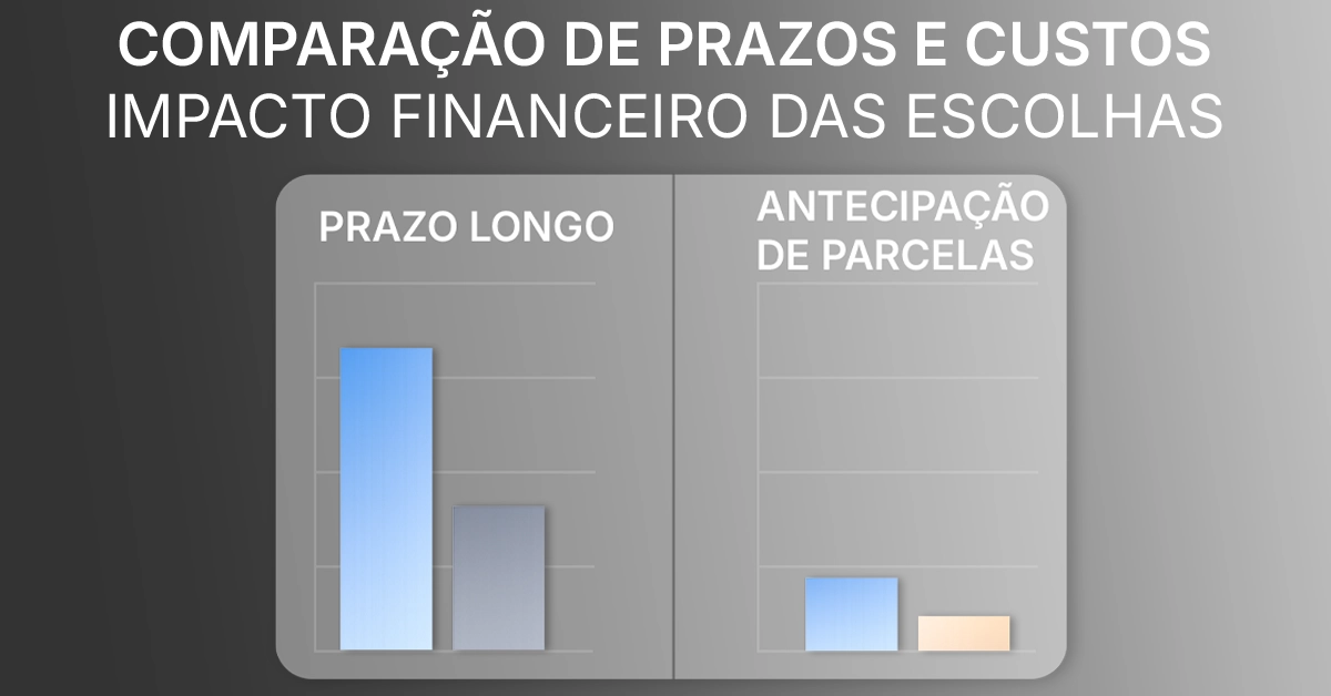 Comparação visual: antecipar parcelas reduz custo total; prazos longos aumentam juros Barras lado a lado “prazo longo x antecipação”.