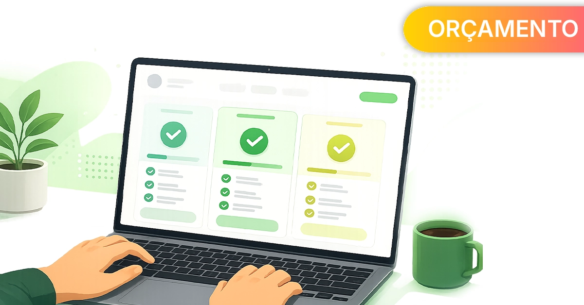 Uma pessoa comparando várias ofertas de empréstimo online em um laptop, com marcas de seleção e ícones de porcentagem. Isso define a intenção da página: comparar ofertas lado a lado para encontrar o empréstimo que realmente se encaixa no seu orçamento.