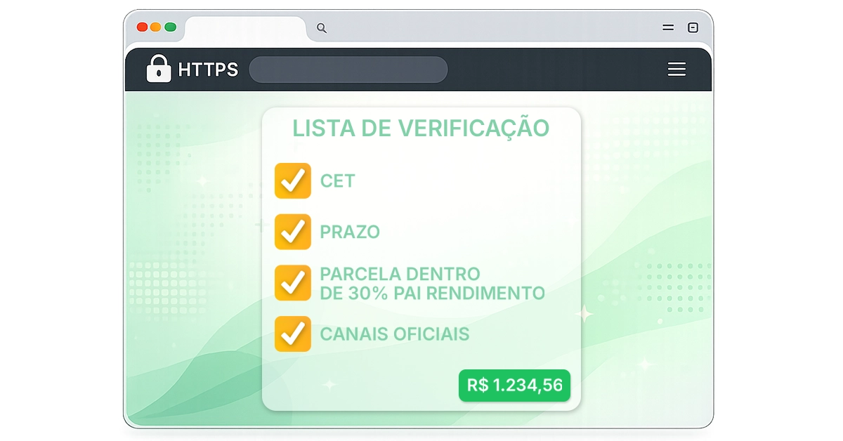 Janela do navegador com cadeado HTTPS e lista de verificação destacando CET, prazo, parcelamento em até 30% da renda e canais oficiais. Reforça as medidas de segurança antes da assinatura: segurança, simulação completa e contrato claro.
