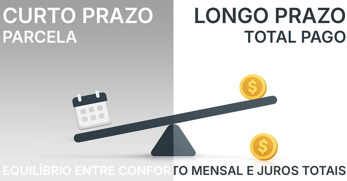 Um gráfico simples em forma de gangorra equilibra o curto prazo (prestações mais altas, custo total menor) com o longo prazo (prestações mais baixas, custo total maior). Explica visualmente a relação entre o conforto das prestações mensais e o total de juros pagos.