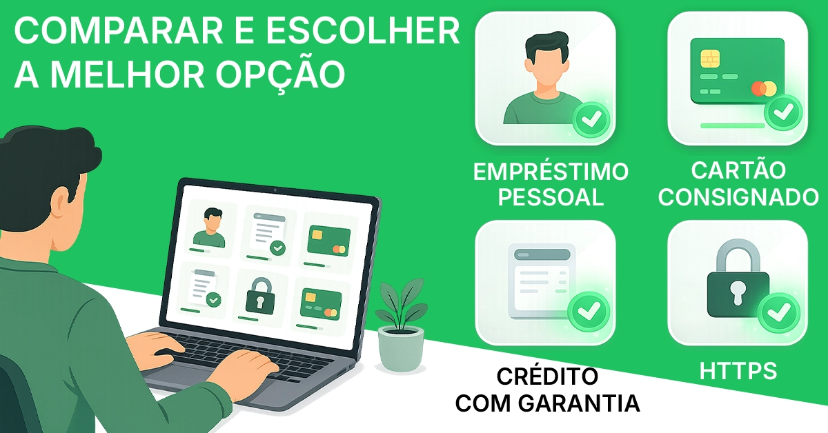Uma pessoa analisando diferentes tipos de empréstimo em um laptop, com ícones para empréstimos pessoais, de folha de pagamento, garantidos e de cartão de crédito. Isso contextualiza a página, mostrando uma comparação entre vários tipos de empréstimo para que os leitores possam escolher o mais adequado.